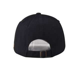 Detail of adjustable metal buckle and strap on back of black cotton baseball cap