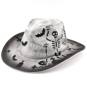 Halloween felt cowboy hat with skeleton and bat prints and Happy Halloween text