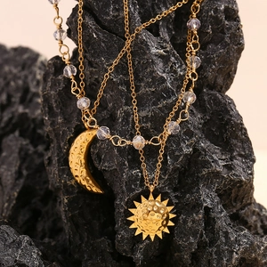 Triple-layered 18K gold plated stainless steel necklace with sun moon pendants and beads