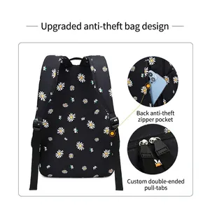 Minimalist black backpack with daisy floral print featuring anti-theft back pocket