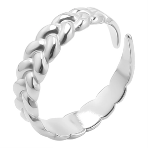 Detail view of adjustable silver ring featuring braided texture and polished wavy edges