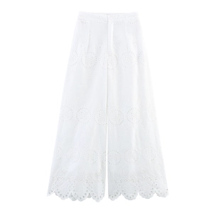 Women Wide Leg Pants White Hollow Embroidery Scalloped Hem High Waist Summer Vacation Bohemian Elegant