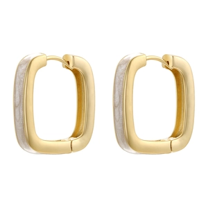 Detail view of rectangular gold-tone hoop earrings with pearlescent white enamel inlay