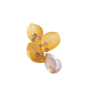 Vintage gold leaf brooch with amber teardrop crystal and sparkling brown rhinestones