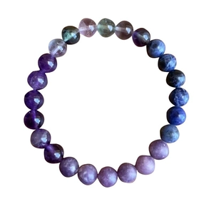 Detail of 8mm natural stone beads showing purple amethyst and blue fluorite textures
