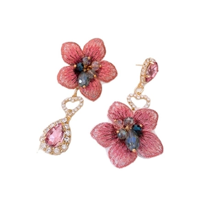 Vintage gold-plated earrings with pink embroidered flowers and teardrop crystal pendants