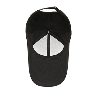 Internal view of black baseball cap showing six-panel structure and metal buckle