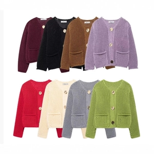 Cardigan En Grosse Maille Pour Femmes Pull Col En V Boutons Dorés Manches Longues Poches Tricot Décontracté Rétro