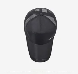 Top view of breathable black mesh baseball cap showing detailed crown and white Fashion text