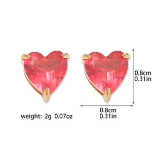 Detail of red heart zircon stud earrings with gold plating and dimension specs