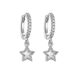 Detailed macro view of silver star hoop earrings with clear micro-pave cubic zirconia stones