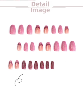 Detail view of 24 pieces of pink and burgundy glitter French press-on nails set