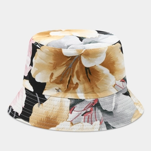 Close-up of the realistic floral pattern and durable canvas fabric on the bucket hat