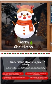 Detailed view of snowman Christmas window static stickers on glass with festive background