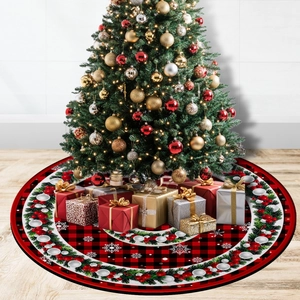 Classic red and black buffalo plaid Christmas tree skirt with festive floral wreath pattern