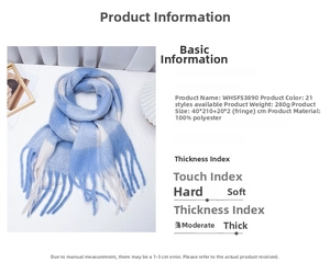 Blue and white plaid scarf detail with long fringes and polyester material specifications