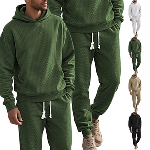 Men's dark green jacquard hooded sweatshirt and pants tracksuit set with textured knit