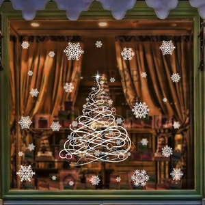 White Christmas tree and snowflakes window stickers for festive holiday party home decoration