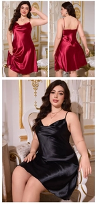 Detail of high-gloss satin nightgown showing the elegant cowl neck and adjustable straps