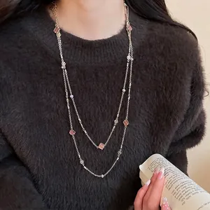 French Retro Long Sweater Necklace For Women Alloy Enamel Flower Pendant Multi Layer Crystal Beads High End Vintage