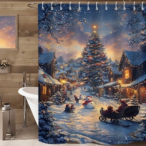 Détail du rideau de douche de Noël avec bonhomme de neige, œillets et crochets blancs