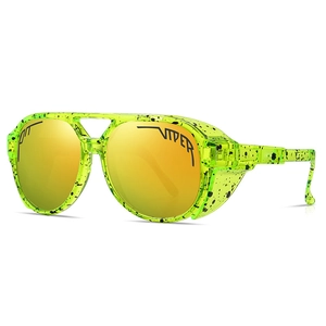 Pit Viper polarized sports sunglasses in neon green splatter with orange mirrored lenses
