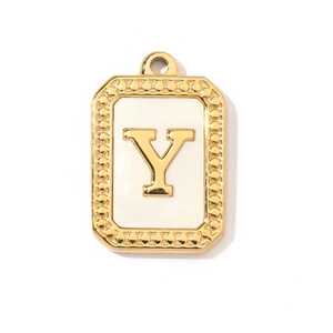 Detail of a rectangular gold-plated stainless steel letter Y pendant with white enamel