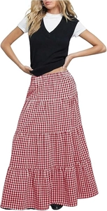 Detail of red and white plaid layered maxi skirt with vintage high waist A-line silhouette