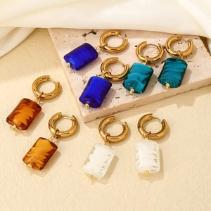 Stainless Steel Rectangular Pendant Hoop Earrings Geometric Marble Texture Jewelry Women Vintage