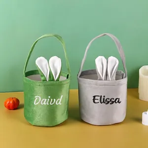 Custom embroidered Easter bunny ears velvet gift baskets in green and grey colors