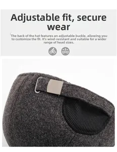Detail of adjustable metal buckle on dark grey wool baseball cap for size adjustment