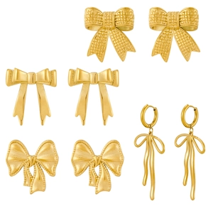 Set of four gold-plated stainless steel bow earrings featuring various textures and ribbon designs
