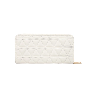 White quilted long wallet with rhombus patterns and gold zipper closure for women