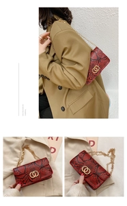 Detail of red snake pattern print handbag with gold chain strap and double ring buckle