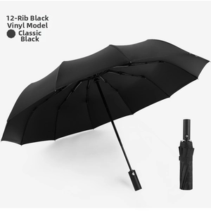 Detailed view of a 12-rib automatic umbrella with black UV coating and sturdy frame