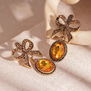 Vintage Maillard Style Bow Oval Drop Earrings Rhinestone Alloy Jewelry With Silver Earring Post For Women