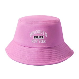Pink canvas bucket hat with Brooklyn New York embroidery for sun protection and style