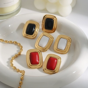 Boucles d'oreilles en acier inoxydable doré 18K avec onyx rectangulaire noir, blanc et rouge