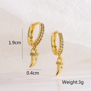Gold plated hoop earrings with zircon pavé horn pendants and detailed size annotations