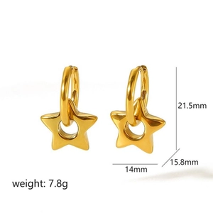 Detailed dimensions of 21.5mm gold star-shaped stainless steel earrings weighing 7.8g