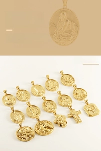 Detailed relief pendants in 18K gold finish featuring religious icons and symbols