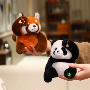 Cute Panda And Red Panda Plush Toy Soft Faux Fur Peek-A-Boo Pose Doll With Heart Clover Embroidery For Kids Gift