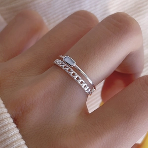 925 Sterling Silver Double Layer Chain Ring Minimalist Adjustable Geometric Curb Link Jewelry Women