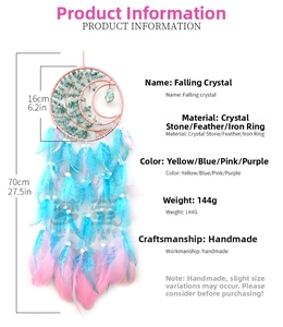 Detailed dimensions of the handmade blue and pink crystal dream catcher with feathers