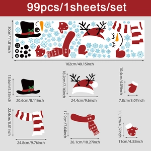 Detailed dimension layout for Christmas snowman stickers with 99 assorted decals and measurements