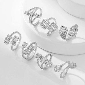 Exaggerated seven-piece set of silver copper rings with micro-pave cubic zirconia