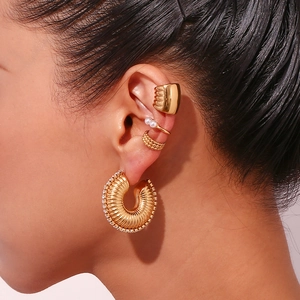 Gold plated hollow hoop earring and ear cuffs set with zircons and pearls for women