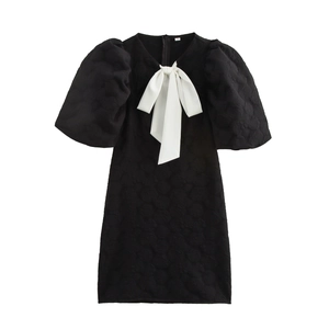 Elegantes Schwarzes Jacquard Minikleid Für Damen Mit Weißer Schleife Und Puffärmeln Bodycon Süßes Kurzes Kleid