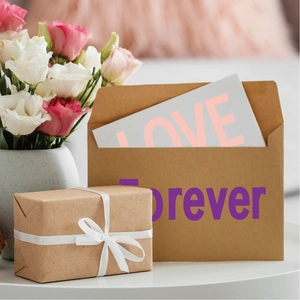Close-up of brown kraft paper envelopes and gift boxes with white ribbons and love card