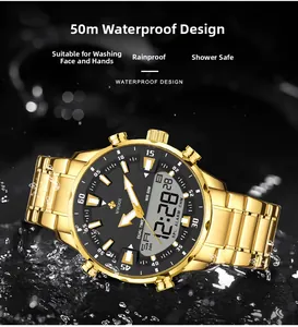 Detail of waterproof gold steel watch with luminous dual display and water splash effect